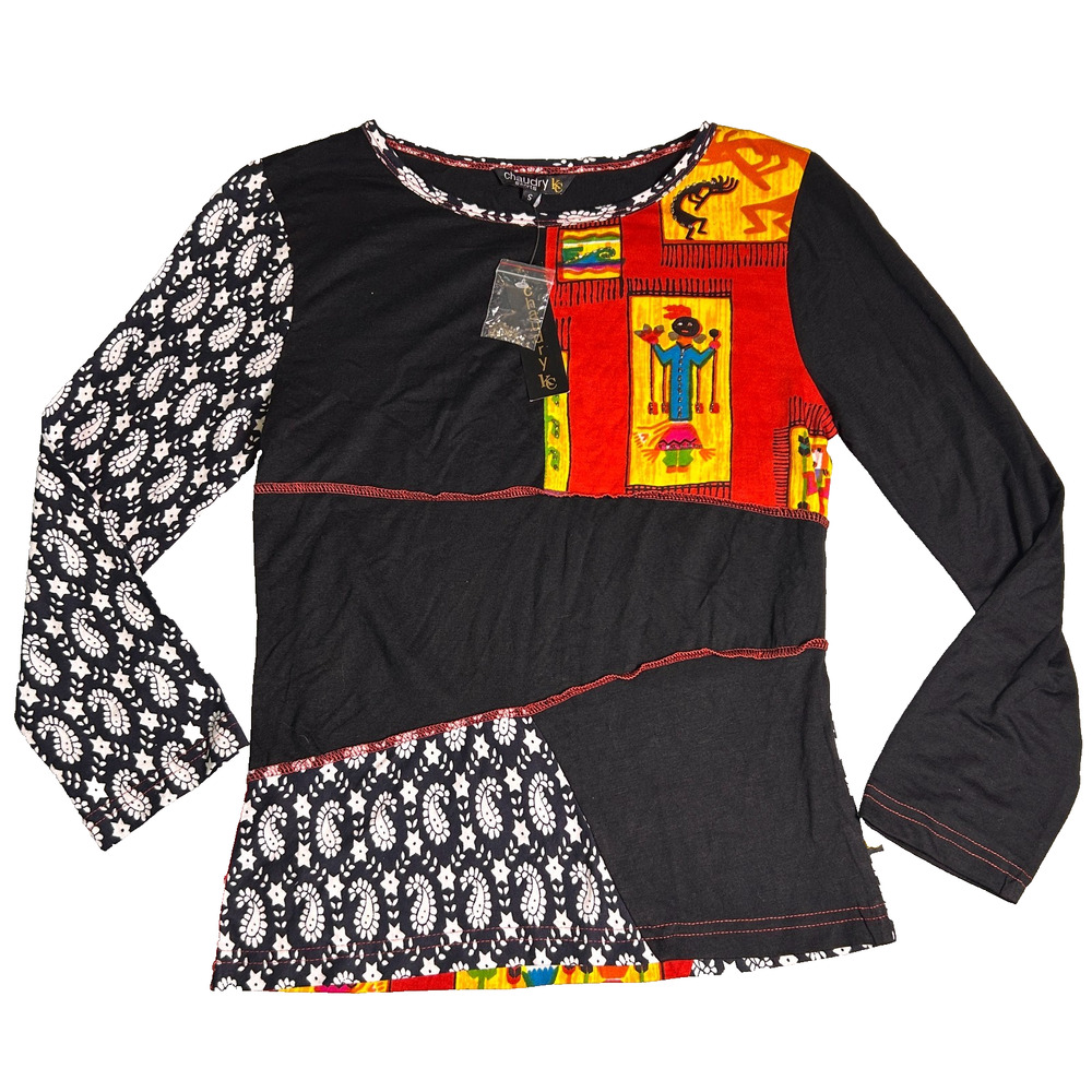 NWT Chaudry Sports Boho Patchwork Shirt Womens S Long Sleeve Folk Artsy Graphic